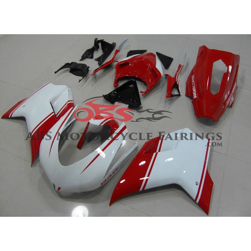 Ducati 1098 (2007-2012) White & Red Evo Race Fairings Clear Windscreen: Free No Seat Cowl No Bolt Kit