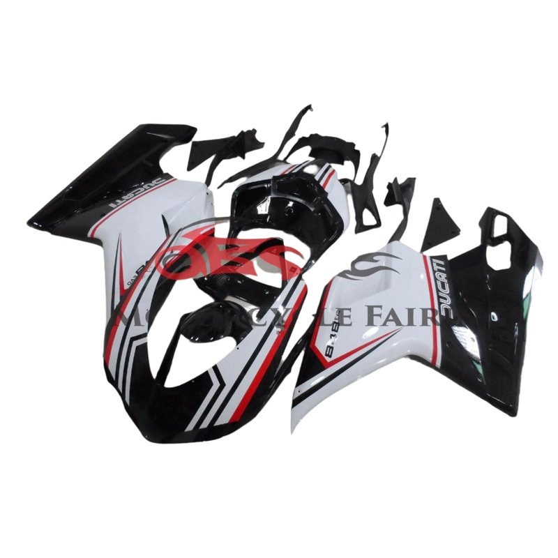 DUCATI 1198 (2007-2012) Black, White, Red Tricolor Fairings Clear Windscreen: Free No Seat Cowl No Bolt Kit