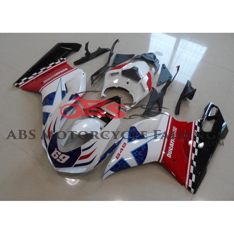 Ducati 1198 (2007-2012) Red, White & Blue Corse Star #69 Fairings Clear Windscreen: Free No Seat Cowl No Bolt Kit