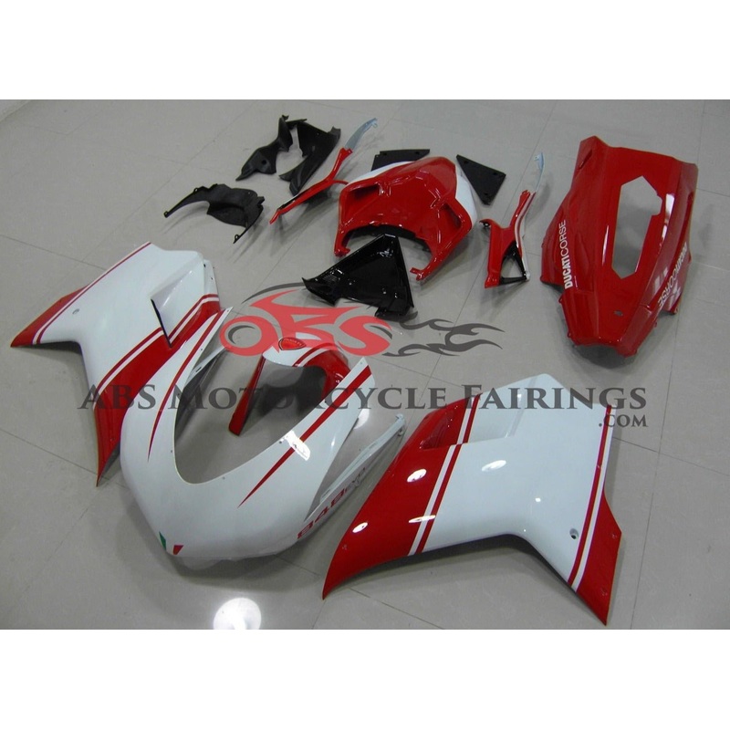 Ducati 1198 (2007-2012) White & Red Evo Race Fairings Clear Windscreen: Free No Seat Cowl No Bolt Kit