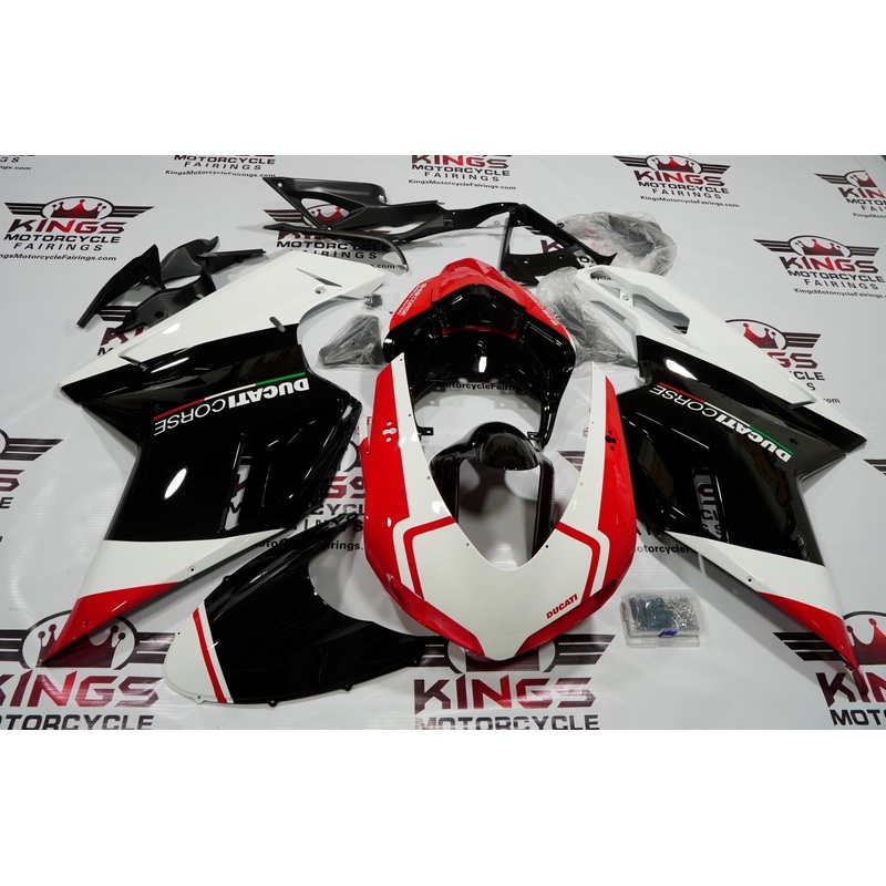 Ducati 848 (2007-2014) Black, White, Red Corse Fairings Clear Windscreen: Free No Seat Cowl No Bolt Kit