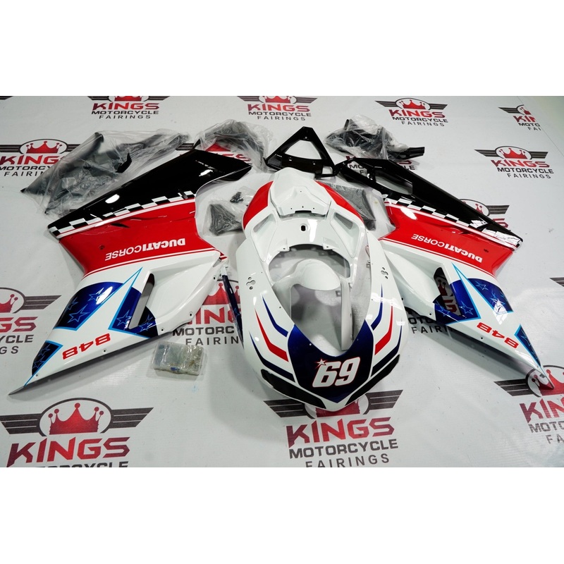 Ducati 848 (2007-2014) Red, White & Blue Corse Star #69 Fairings Clear Windscreen: Free No Seat Cowl No Bolt Kit