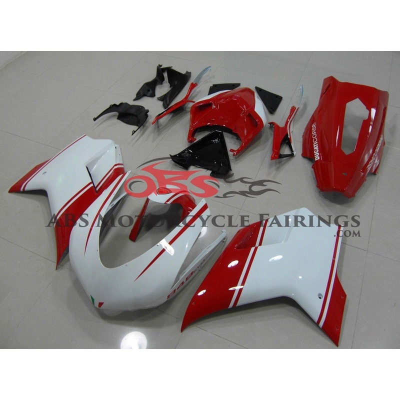 Ducati 848 (2007-2014) White & Red Evo Race Fairings Clear Windscreen: Free No Bolt Kit