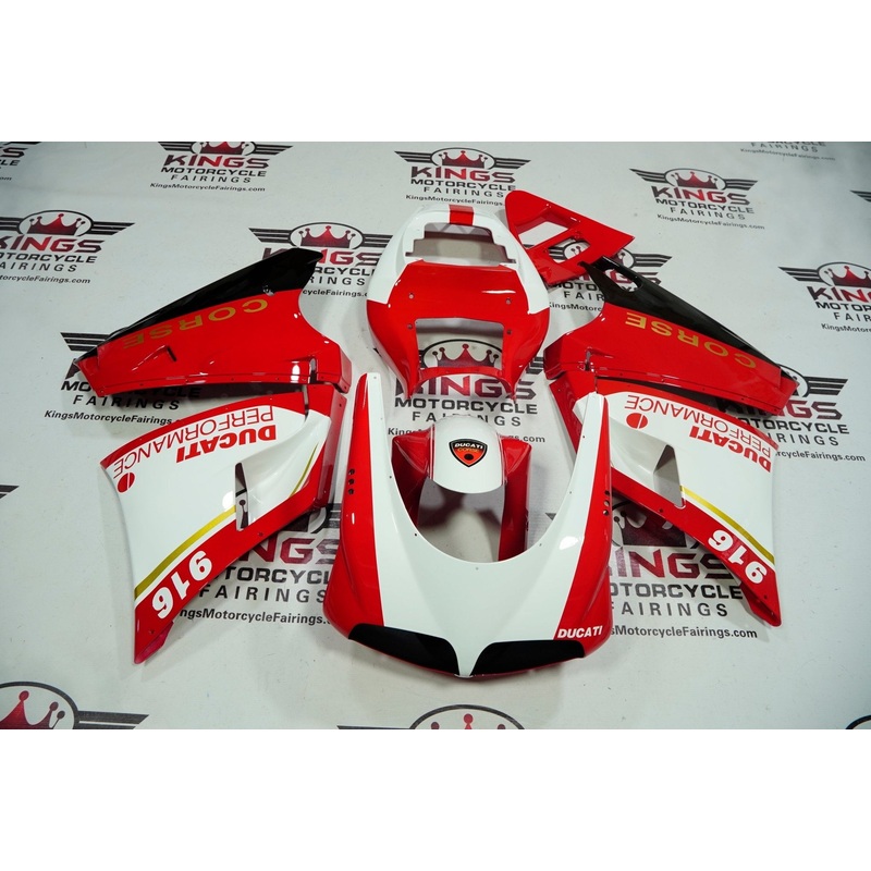 Ducati 916 (1994-1999) Red & White Corse Fairings Clear Windscreen: Free No Bolt Kit