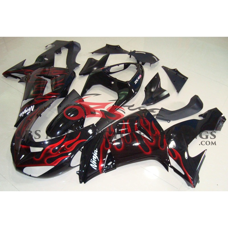 Fairing kit for a Kawasaki Ninja ZX10R (2006-2007) Black & Red Flame Clear Windscreen: Free No Seat Cowl No Bolt Kit