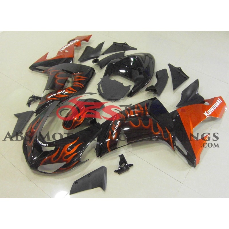 Fairing Kit For A Kawasaki ZX10R (2006-2007) Black & Orange Flames Clear Windscreen: Free No Seat Cowl No Bolt Kit