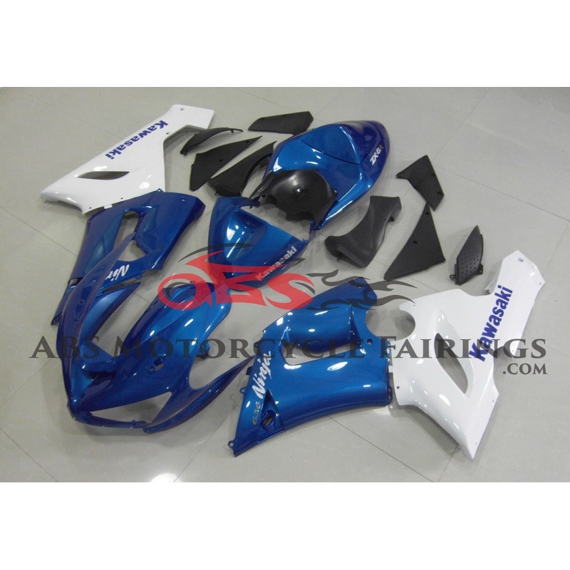 Fairing kit for a Kawasaki ZX6R 636 (2005-2006) Blue & White Clear Windscreen: Free No Seat Cowl No Bolt Kit