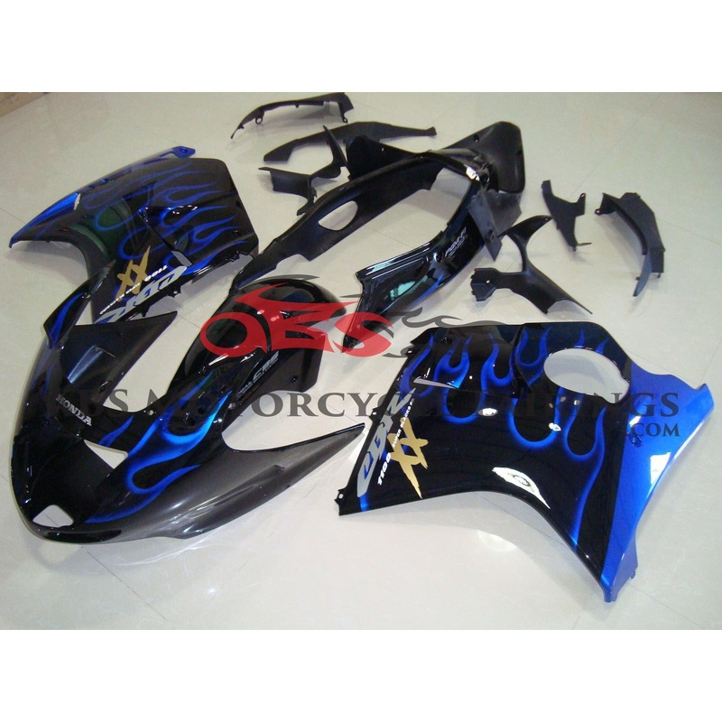 HONDA CBR1100XX Super Blackbird (1996-2007) BLACK, GOLD & BLUE FLAME FAIRINGS Clear Windscreen: Free No Bolt Kit No Tank