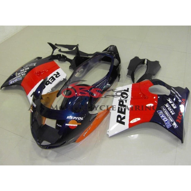 HONDA CBR1100XX Super Blackbird (1996-2007) Dark Blue, Orange, White & Red Repsol FAIRINGS Clear Windscreen: Free No Bolt Kit No Tank