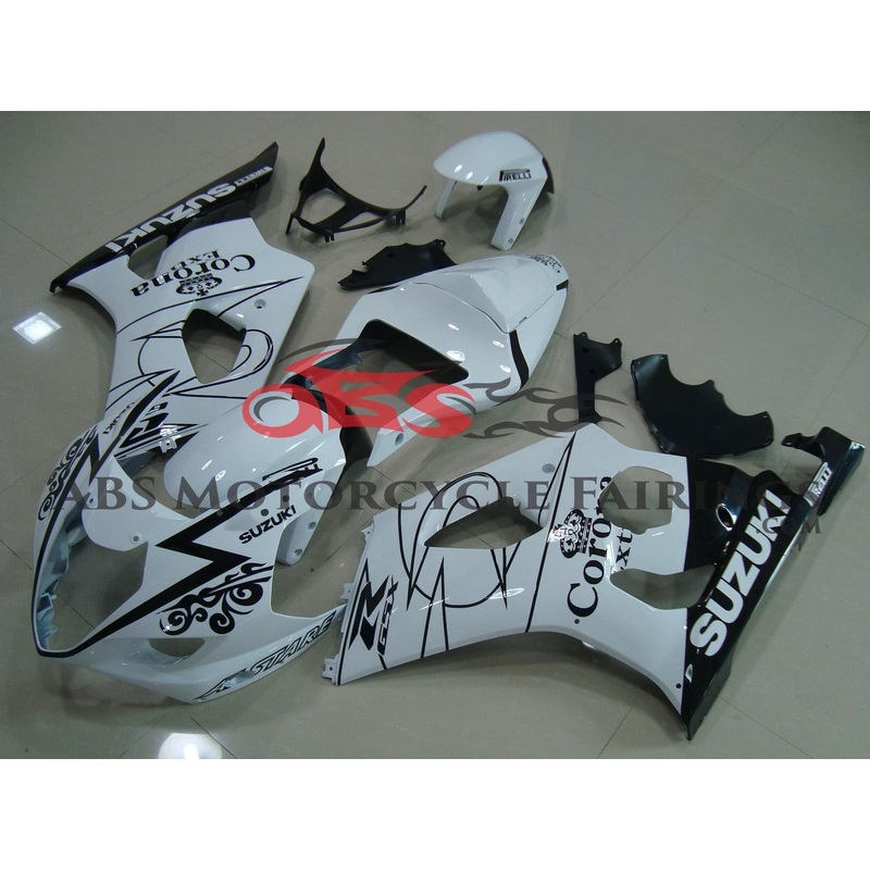 Suzuki GSXR1000 (2003-2004) White & Black Corona Fairings Clear Windscreen: Free No Seat Cowl No Bolt Kit
