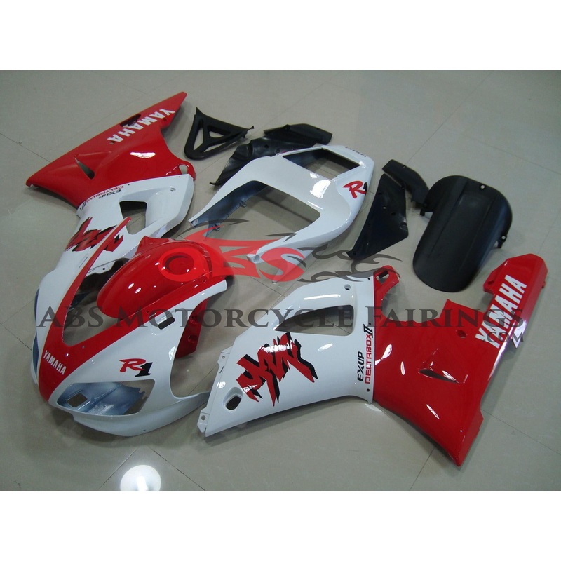 Yamaha YZF-R1 (1998-1999) White & Red Exup DeltaBox Fairings Clear Windscreen: Free No Seat Cowl No Bolt Kit