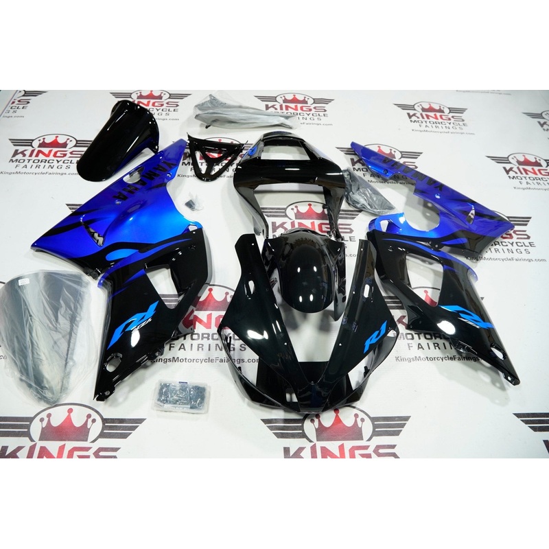 Yamaha YZF-R1 (2000-2001) Black, Blue Flames Fairings Clear Windscreen: Free No Seat Cowl No Bolt Kit