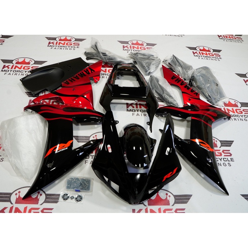 Yamaha YZF-R1 (2002-2003) Black, Red Flame Fairings Clear Windscreen: Free No Seat Cowl No Bolt Kit