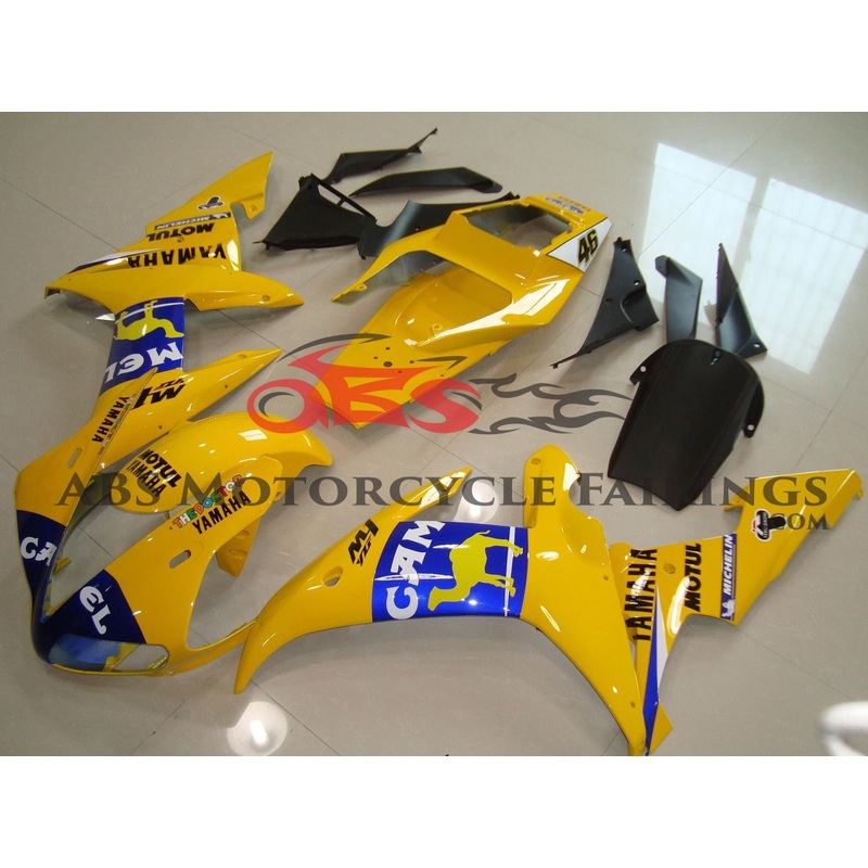 Yamaha YZF-R1 (2002-2003) Yellow & Blue Camel #46 Fairings Clear Windscreen: Free No Seat Cowl No Bolt Kit