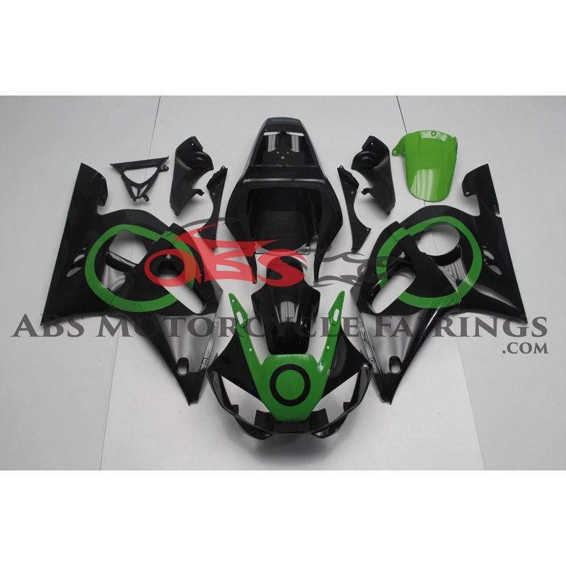 Yamaha YZF-R6 (1998-2002) Black & Green Fairings Clear Windscreen: Free No Bolt Kit