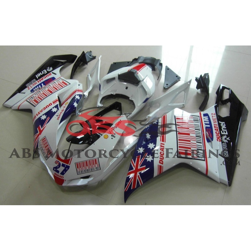 Ducati 1098 (2007-2012) White, Blue & Red Australian Flag Fairings Clear Windscreen: Free No Seat Cowl No Bolt Kit