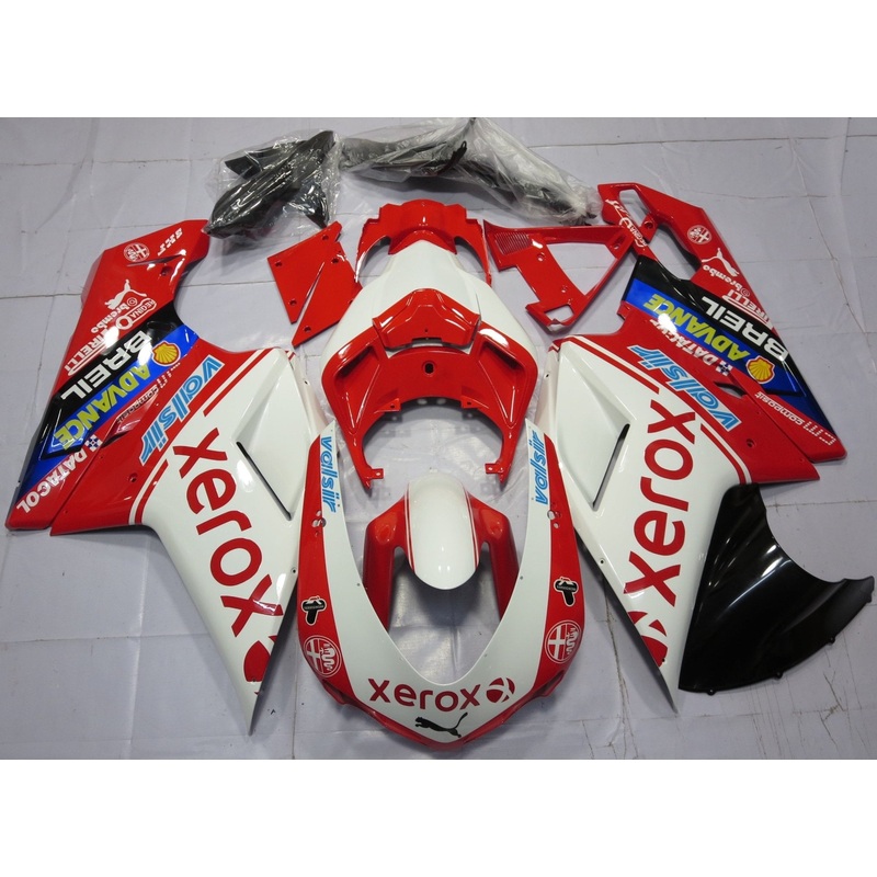 Ducati 1098 (2007-2012) White & Red Xerox Fairings Clear Windscreen: Free No Seat Cowl No Bolt Kit