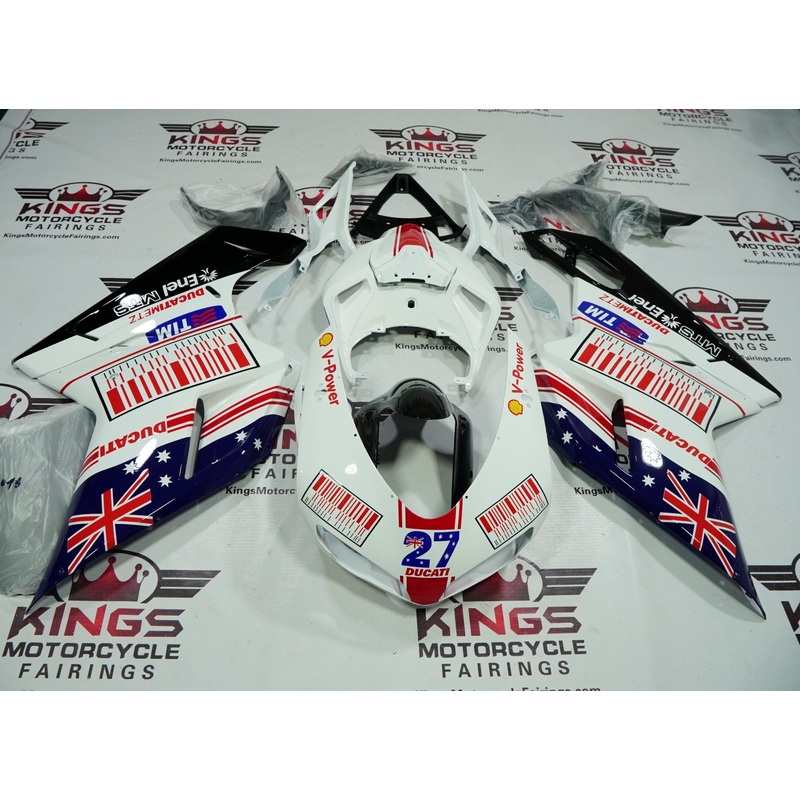 Ducati 1198 (2007-2012) White, Blue & Red Australian Flag Fairings Clear Windscreen: Free No Seat Cowl No Bolt Kit