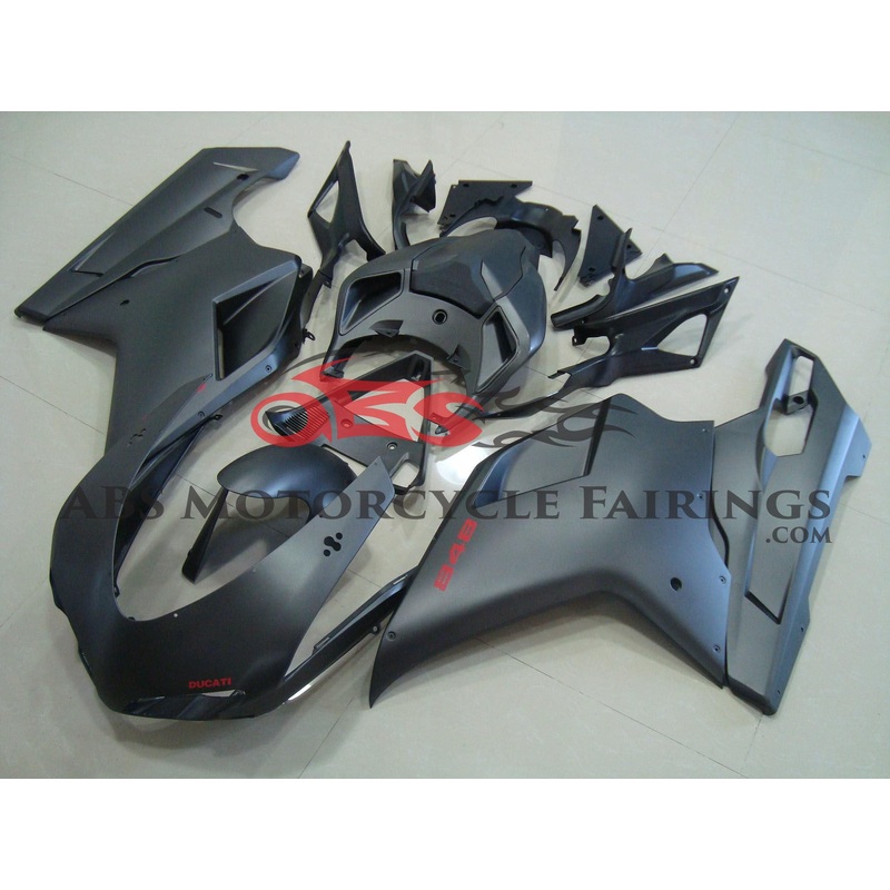 Ducati 848 (2007-2014) Matte Black & Red Fairings Clear Windscreen: Free No Seat Cowl No Bolt Kit