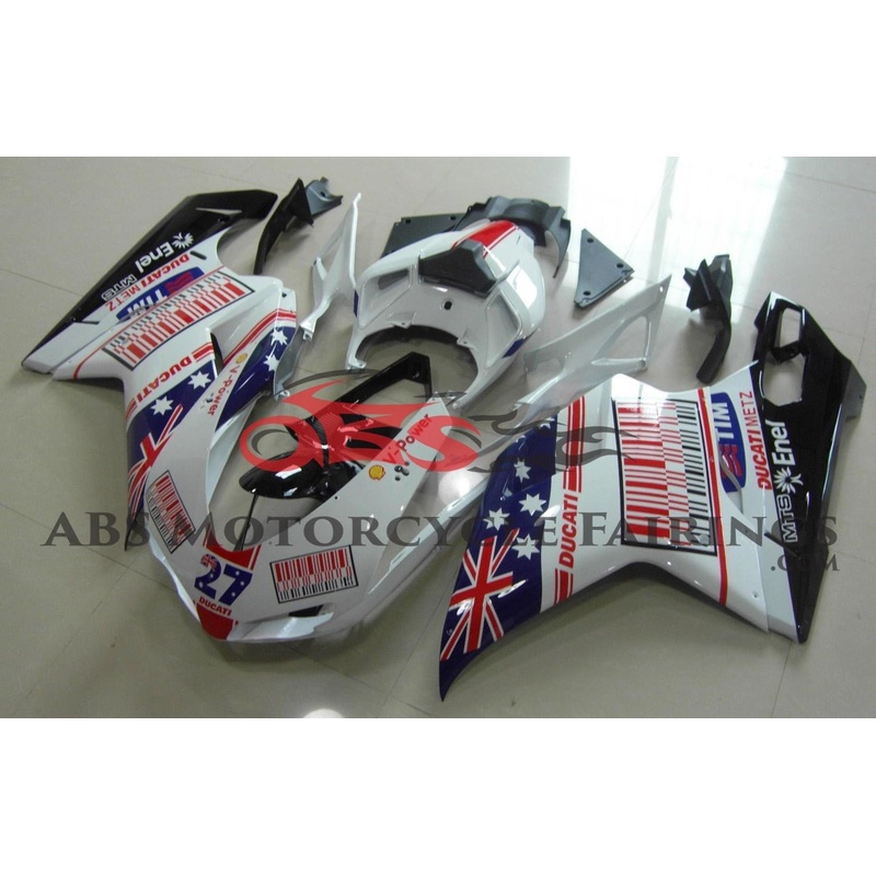 Ducati 848 (2007-2014) White, Blue & Red Australian Flag Fairings Clear Windscreen: Free No Seat Cowl No Bolt Kit