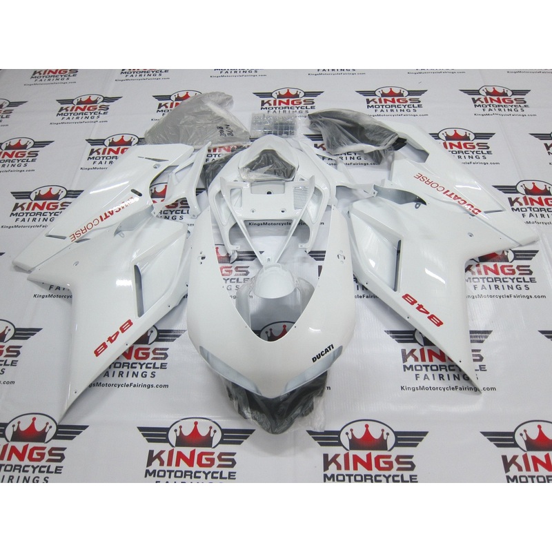 Ducati 848 (2007-2014) White & Red Corse Fairings Clear Windscreen: Free No Seat Cowl No Bolt Kit