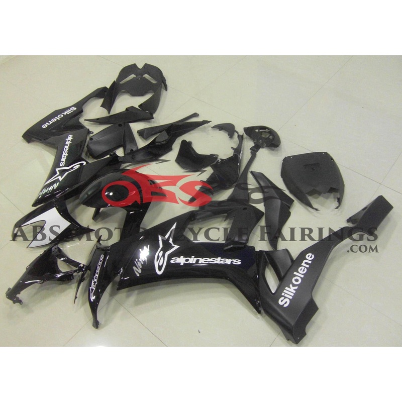 Fairing kit for a Kawasaki Ninja ZX10R (2008-2010) Black & White Alpinestars Clear Windscreen: Free No Seat Cowl No Bolt Kit