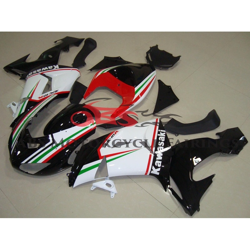 Fairing Kit For A Kawasaki ZX10R (2006-2007) Black, White, Red & Green Clear Windscreen: Free No Seat Cowl No Bolt Kit