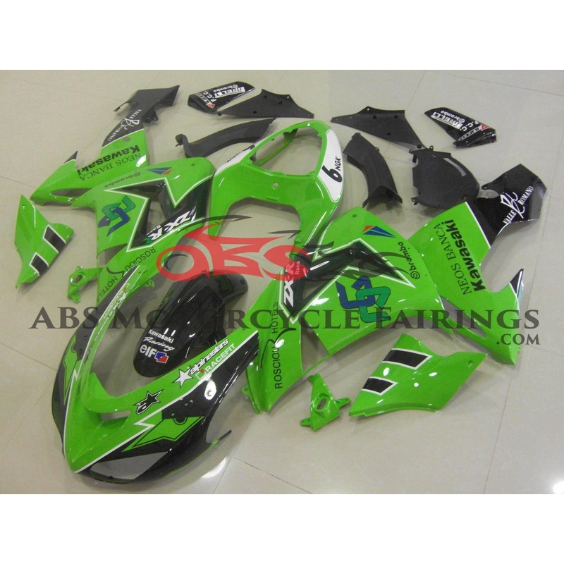 Fairing Kit For A Kawasaki ZX10R (2006-2007) Green, Black & White Alpinestars Clear Windscreen: Free No Seat Cowl No Bolt Kit