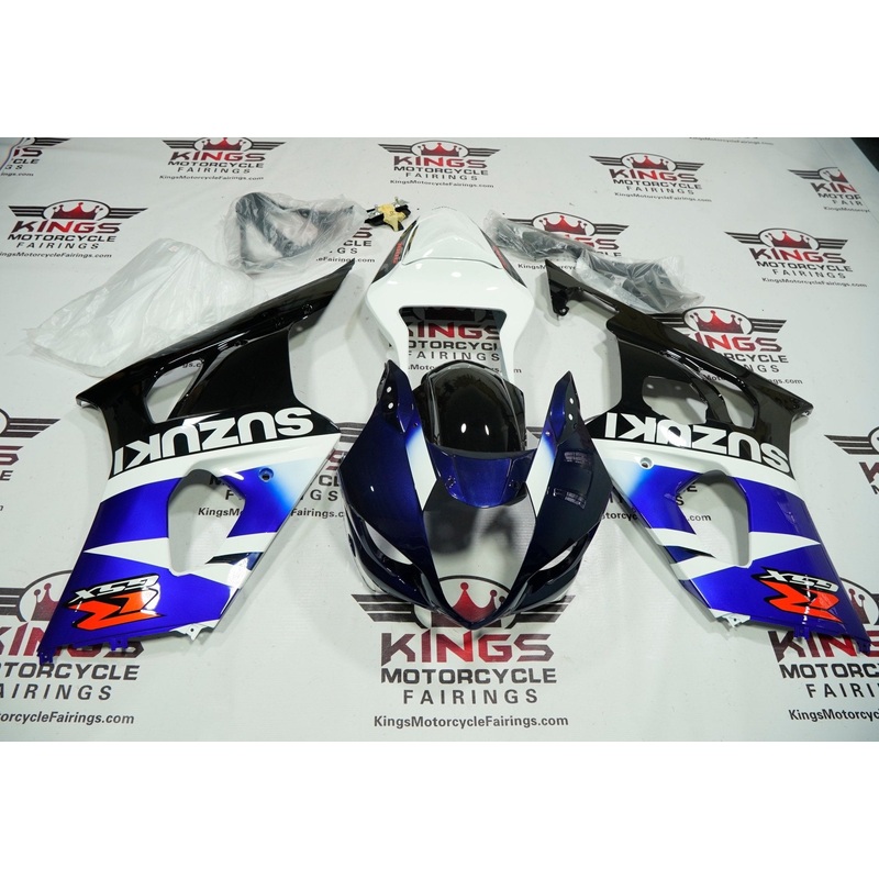 Suzuki GSXR1000 (2003-2004) Black, Blue & White Fairings Clear Windscreen: Free No Seat Cowl No Bolt Kit