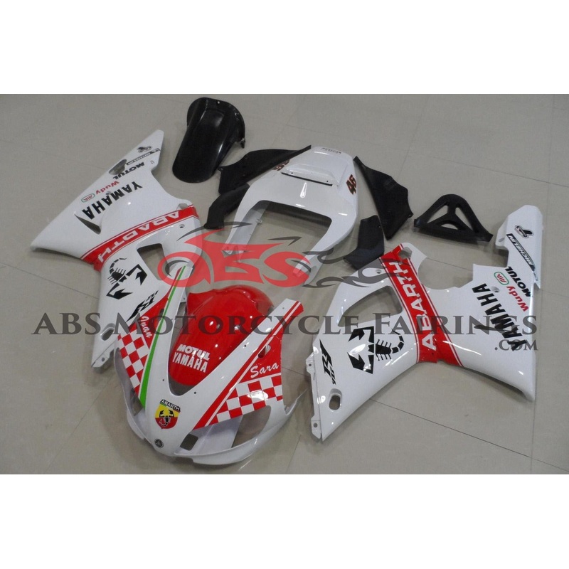 Yamaha YZF-R1 (1998-1999) White & Red Abarth Fairings Clear Windscreen: Free No Seat Cowl No Bolt Kit