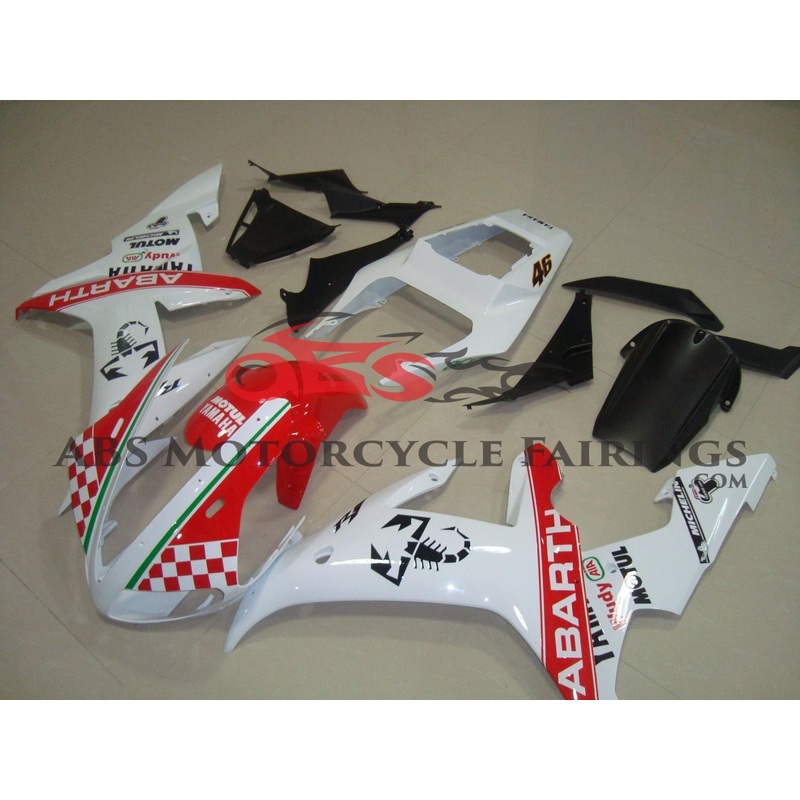 Yamaha YZF-R1 (2002-2003) White & Red Abarth Fairings Clear Windscreen: Free No Seat Cowl No Bolt Kit