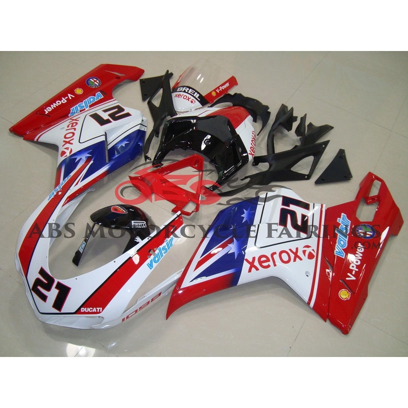 Ducati 1098 (2007-2012) Red, White & Blue Xerox Fairings Clear Windscreen: Free No Seat Cowl No Bolt Kit