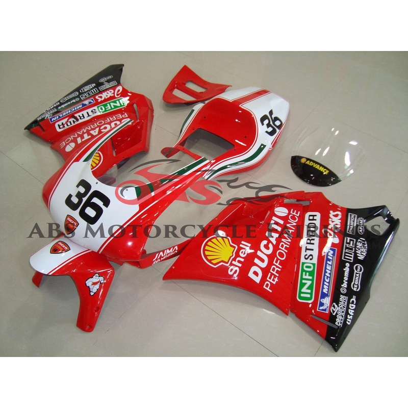 Ducati 748 (1994-2003) Red, White #36 Race Fairings Clear Windscreen: Free No Bolt Kit