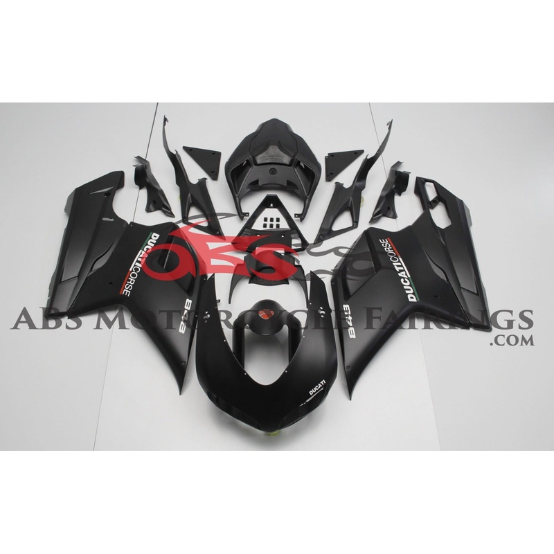Ducati 848 (2007-2014) Matte Black & White Corse Fairings Clear Windscreen: Free No Seat Cowl No Bolt Kit