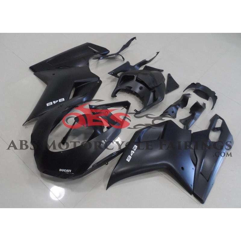 Ducati 848 (2007-2014) Matte Black & White Fairings Clear Windscreen: Free No Seat Cowl No Bolt Kit