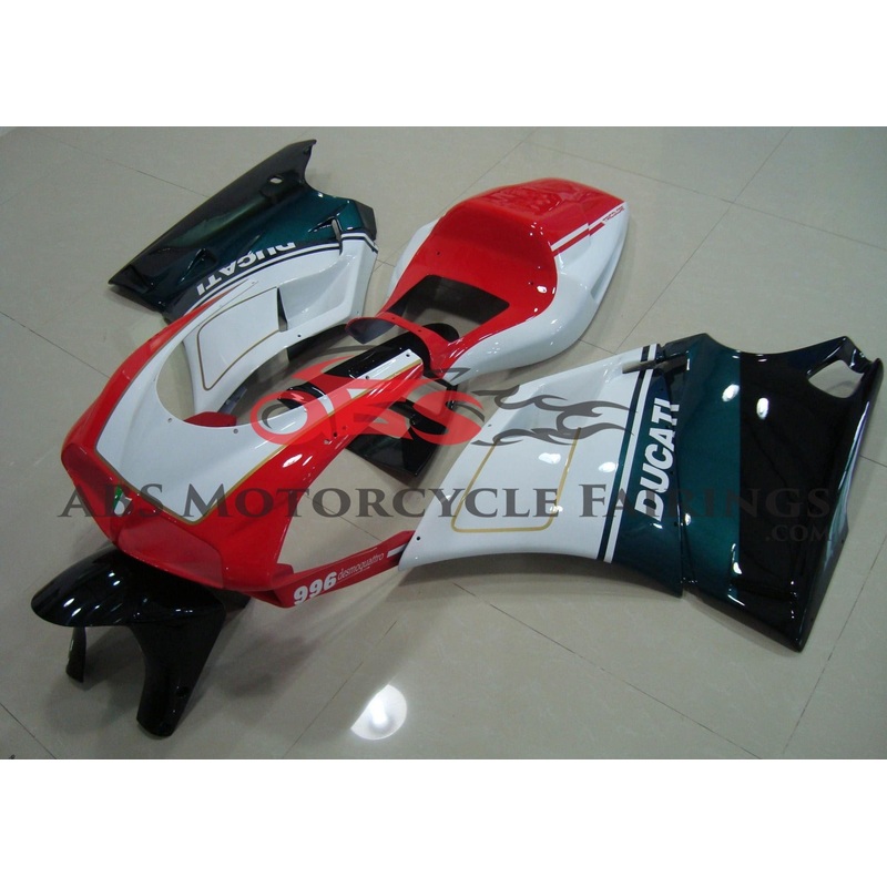 Ducati 996 (1998-2002) White, Red, Green, Black & Gold Fairings Clear Windscreen: Free No Bolt Kit