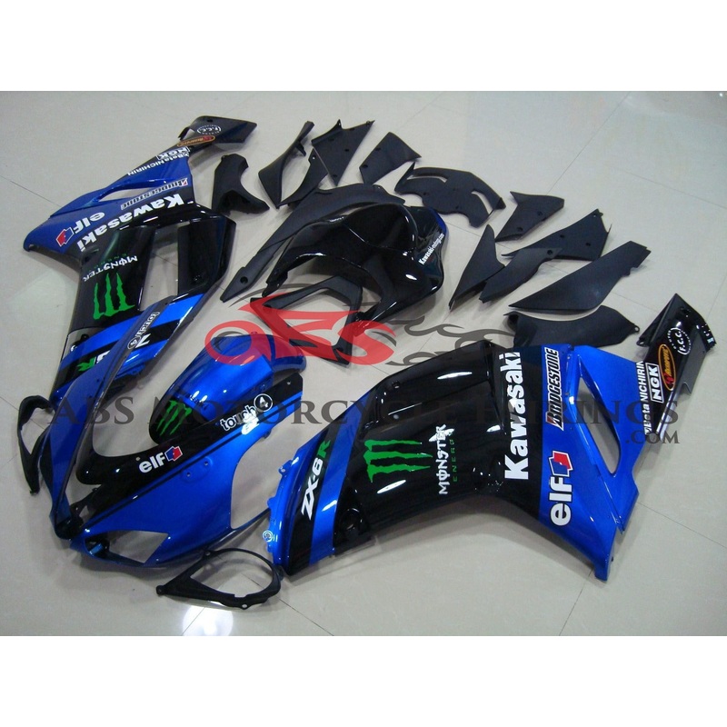 Fairing kit for a Kawasaki Ninja ZX6R 636 (2007-2008) Blue & Black Monster Energy Clear Windscreen: Free No Seat Cowl No Bolt Kit