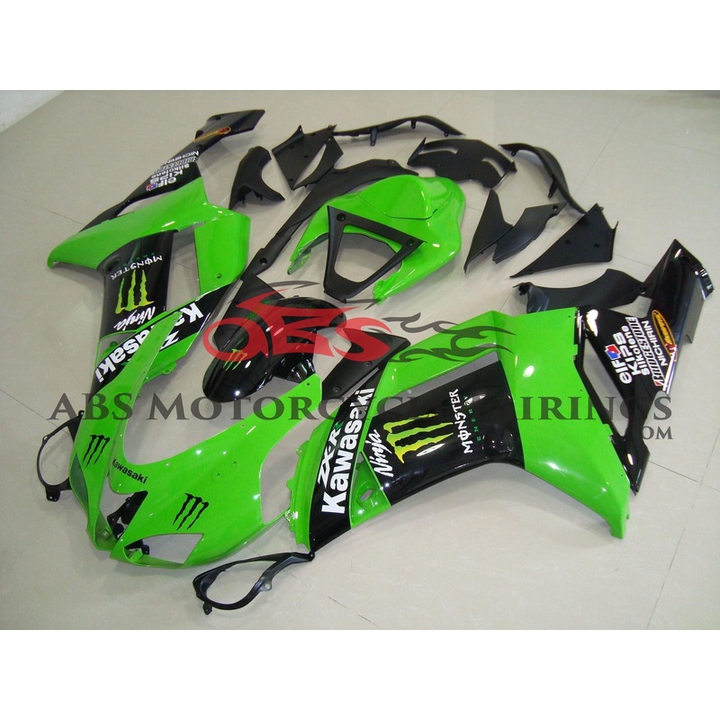 Fairing kit for a Kawasaki Ninja ZX6R 636 (2007-2008) Green, Black Monster Energy Clear Windscreen: Free No Seat Cowl No Bolt Kit