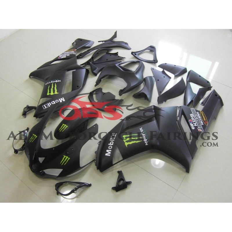 Fairing kit for a Kawasaki Ninja ZX6R 636 (2007-2008) Matte Black Monster Energy Clear Windscreen: Free No Seat Cowl No Bolt Kit