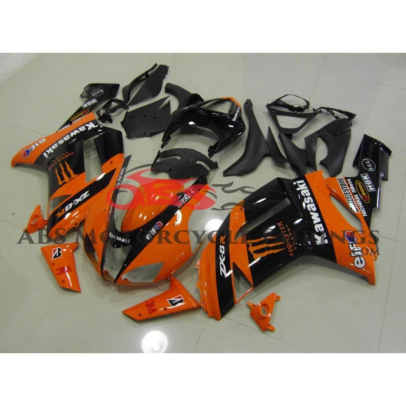 Fairing kit for a Kawasaki Ninja ZX6R 636 (2007-2008) Orange & Black Monster Energy Clear Windscreen: Free No Seat Cowl No Bolt Kit