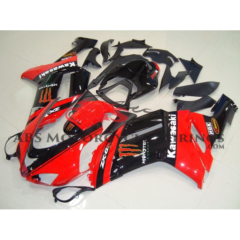Fairing kit for a Kawasaki Ninja ZX6R 636 (2007-2008) Red & Black Monster Energy Clear Windscreen: Free No Seat Cowl No Bolt Kit