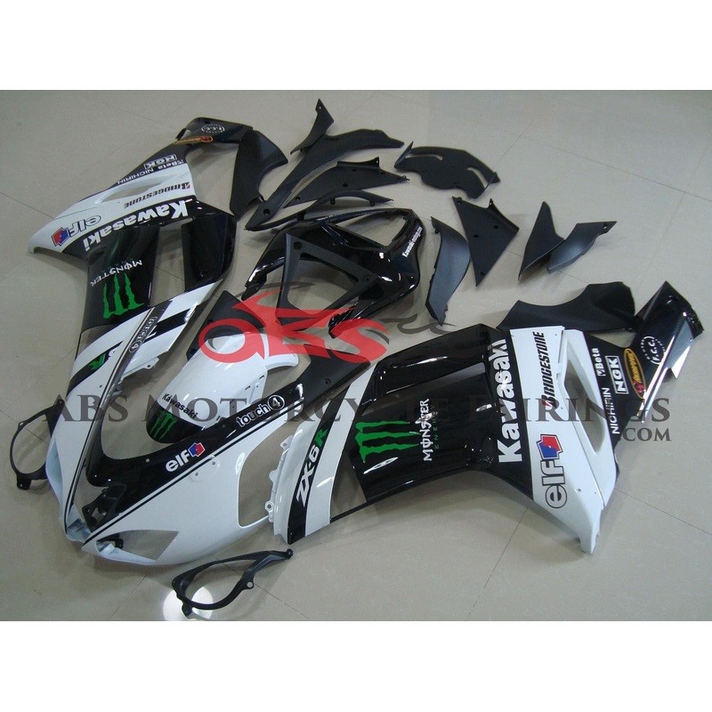 Fairing kit for a Kawasaki Ninja ZX6R 636 (2007-2008) White, Black Monster Energy Clear Windscreen: Free No Seat Cowl No Bolt Kit