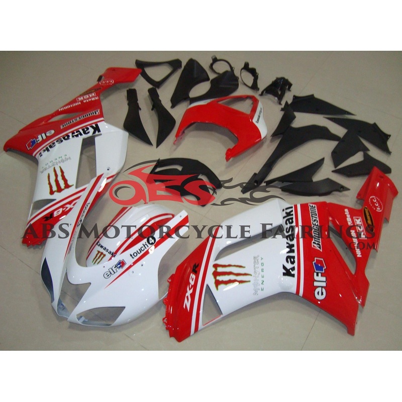 Fairing kit for a Kawasaki Ninja ZX6R 636 (2007-2008) White & Red Monster Energy Clear Windscreen: Free No Seat Cowl No Bolt Kit