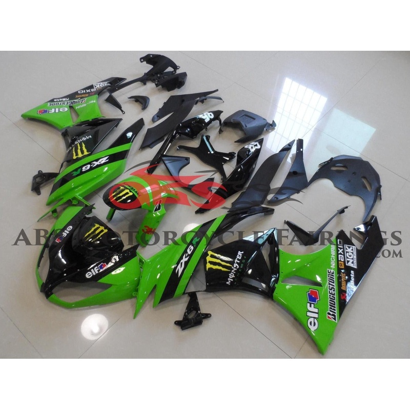 Fairing kit for a Kawasaki Ninja ZX6R 636 (2009-2012) Green & Black Monster Energy Clear Windscreen: Free No Seat Cowl No Bolt Kit