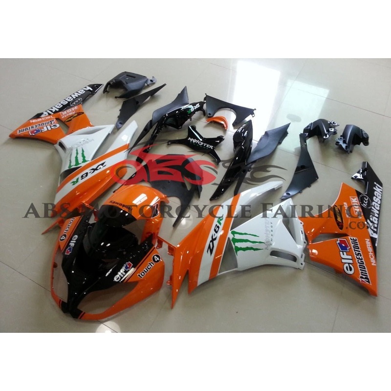Fairing kit for a Kawasaki Ninja ZX6R 636 (2009-2012) Orange & White Monster Energy Clear Windscreen: Free No Seat Cowl No Bolt Kit