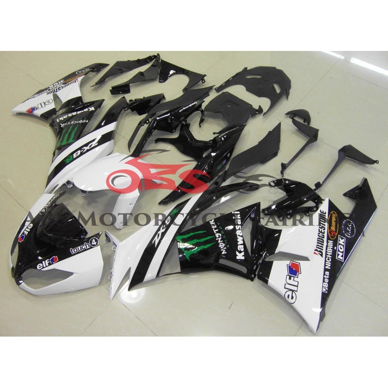 Fairing kit for a Kawasaki Ninja ZX6R 636 (2009-2012) White & Black Monster Energy Clear Windscreen: Free No Seat Cowl No Bolt Kit