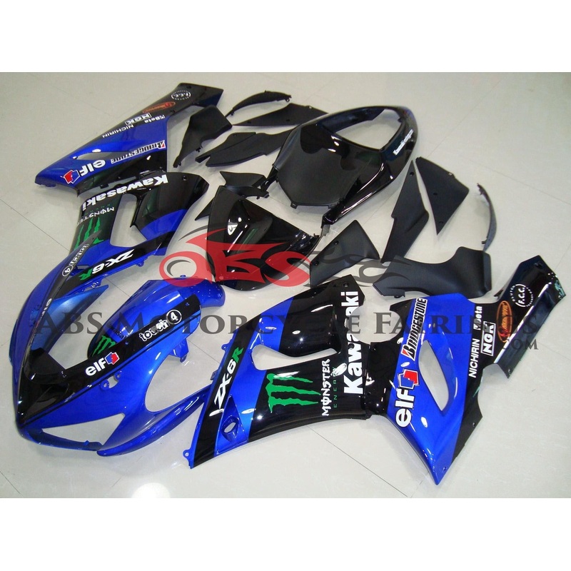 Fairing kit for a Kawasaki ZX6R 636 (2005-2006) Blue & Black Monster Clear Windscreen: Free No Seat Cowl No Bolt Kit