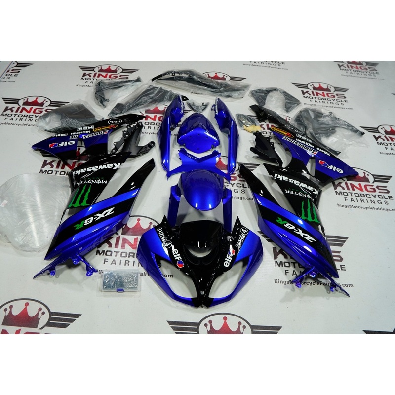 Fairings for Kawasaki Ninja ZX6R 636 (2009-2012) Blue, Black Monster Energy Clear Windscreen: Free No Seat Cowl No Bolt Kit