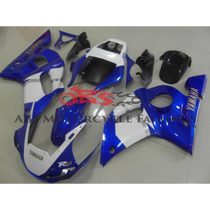 Yamaha YZF-R6 (1998-2002) Blue, White & Gold Fairings Clear Windscreen: Free No Bolt Kit