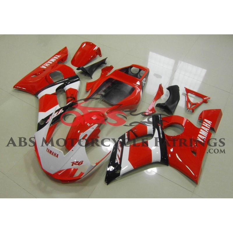 Yamaha YZF-R6 (1998-2002) White, Red & Black Deltabox Fairings Clear Windscreen: Free No Bolt Kit
